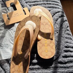 Coach Signature Brown and Tan Flip Flop Sandals